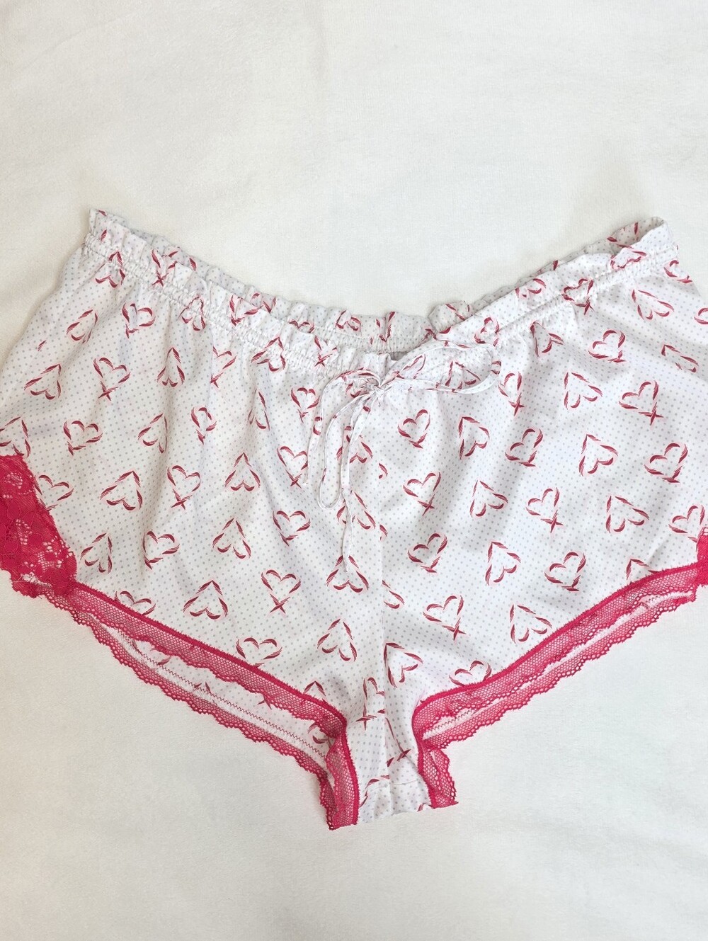 Women's White & Pink Heart-Print Candycane Lace Sleep Shorts Sz M Y2k